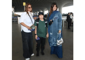 Ayesha Takia Poses With Her Mom And Son Mikail At The Airport
